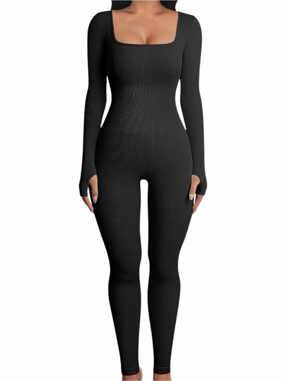 NEW OQQ Ribbed Long Sleeve Jumpsuit • Size L Snatching Bodysuit Onesie Black - Picture 2 of 10